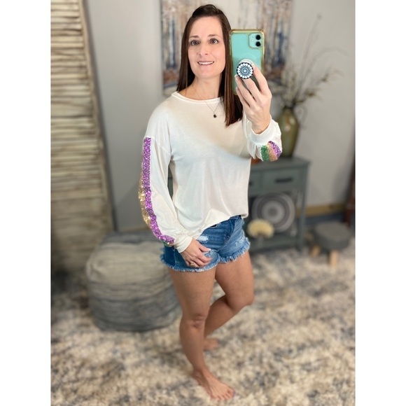 Mardi Gras Striped Sequined Color Block Long Sleeve Purple Green Gold Ivory 0522 - Picture 10 of 10